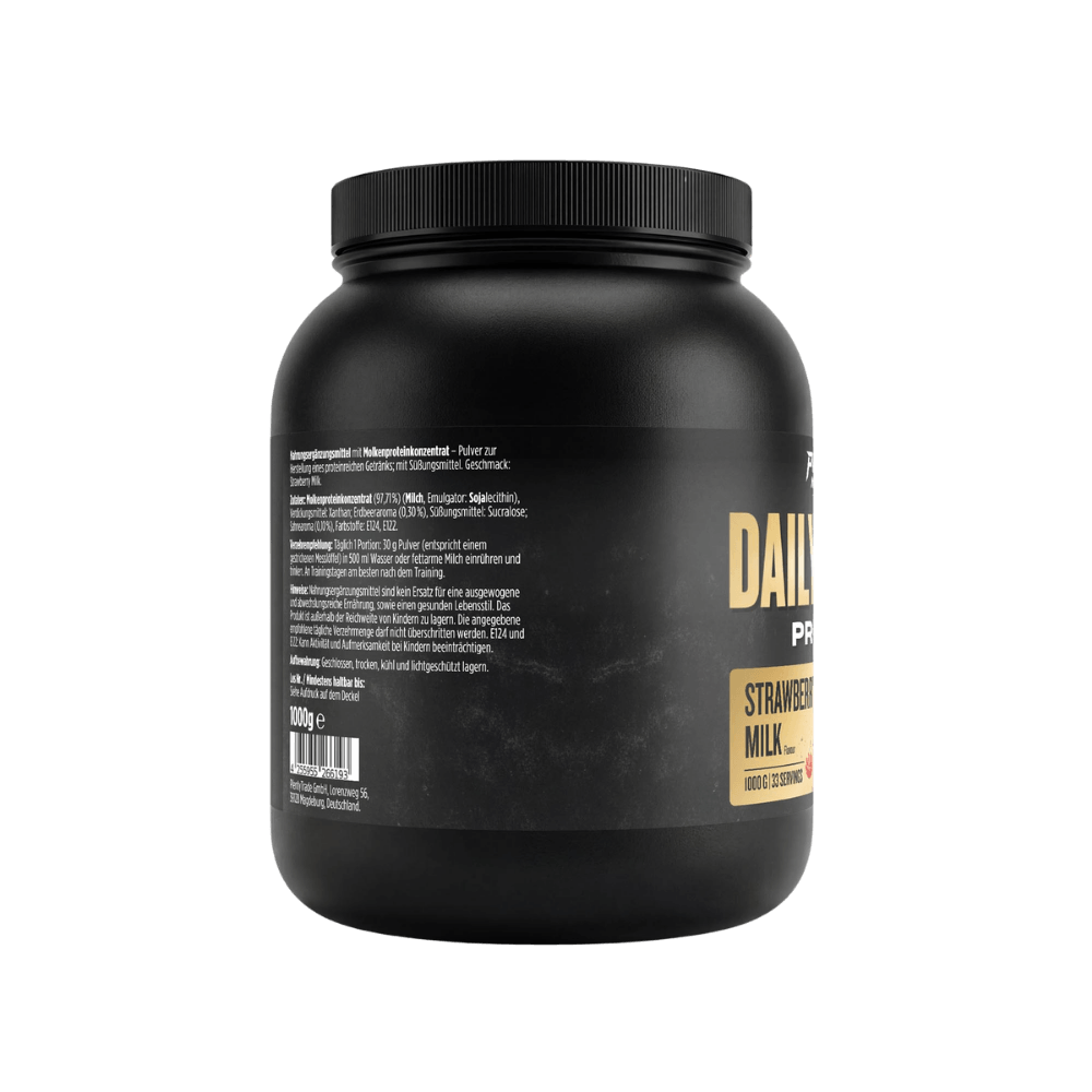 Milchproteinpulver im 1-kg Kunststoffbehälter, Rückseite mit Inhaltsstoffangaben.