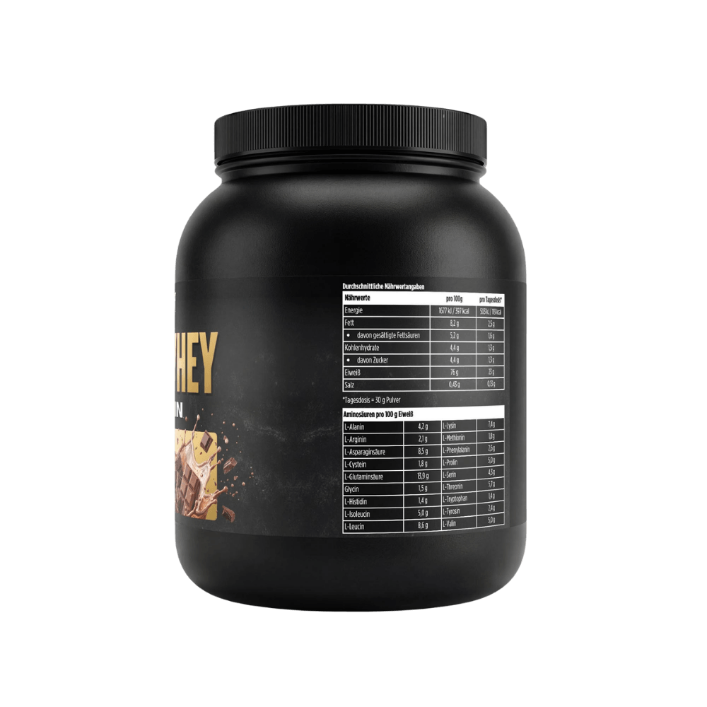 Proteinpulver-Dose (1 kg) – Nährwerttabelle mit Tabellenfeldern auf der Seite