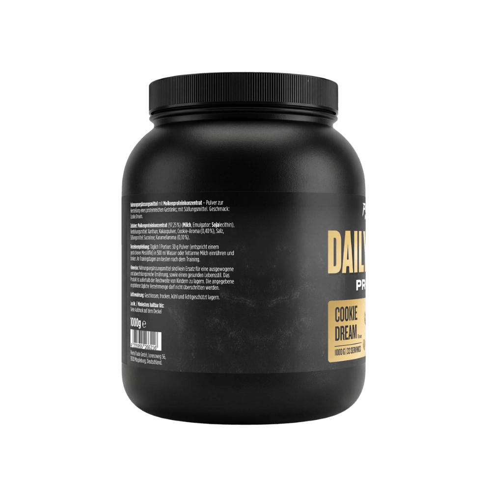 Rückseite der Proteinpulver-Dose (1 kg) – „Daily Whey Protein“ Cookie Dream