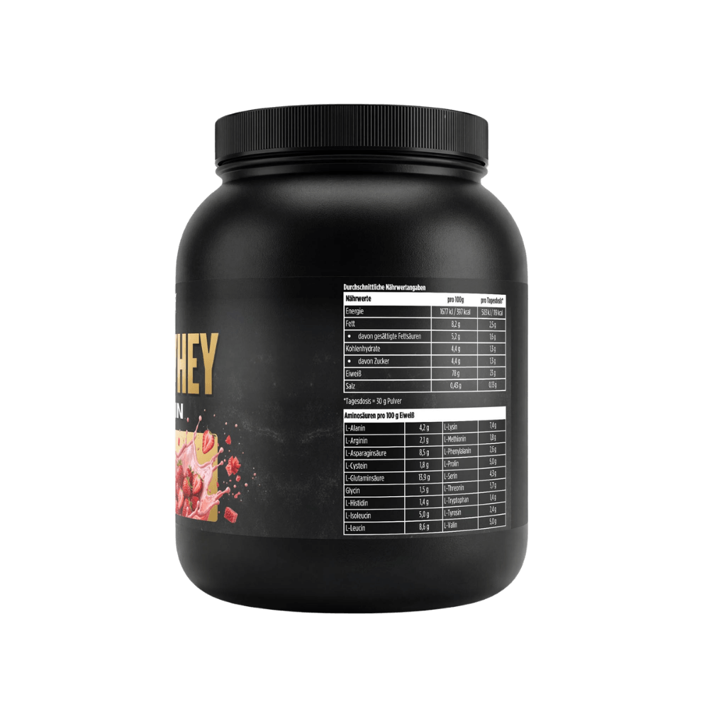 Milchproteinpulver im 1-kg Kunststoffbehälter, Rückseite mit Nährwerttabelle.