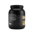 Rückseite der Proteinpulver-Dose (1 kg) mit Zutaten- und Portionsangaben