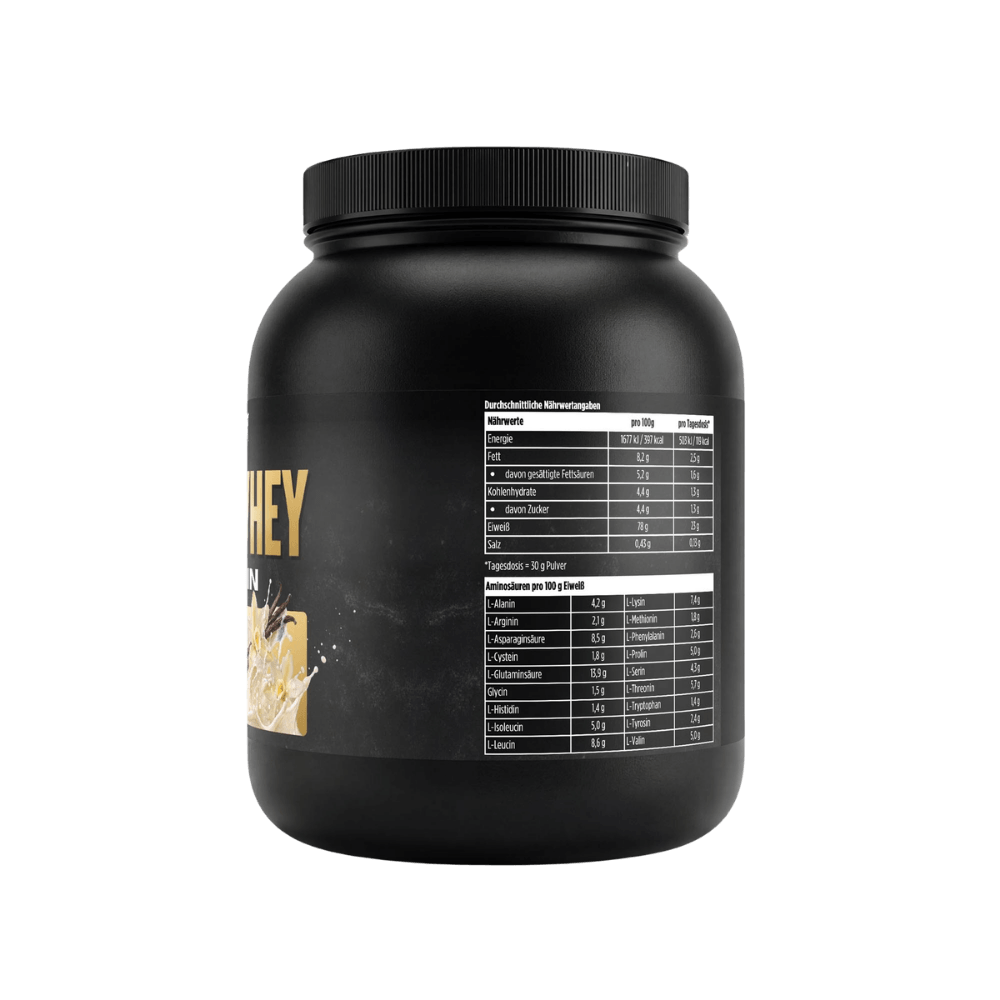 Proteinpulver-Dose (1 kg) – Nährwerttabelle auf der Rückseite, seitlich