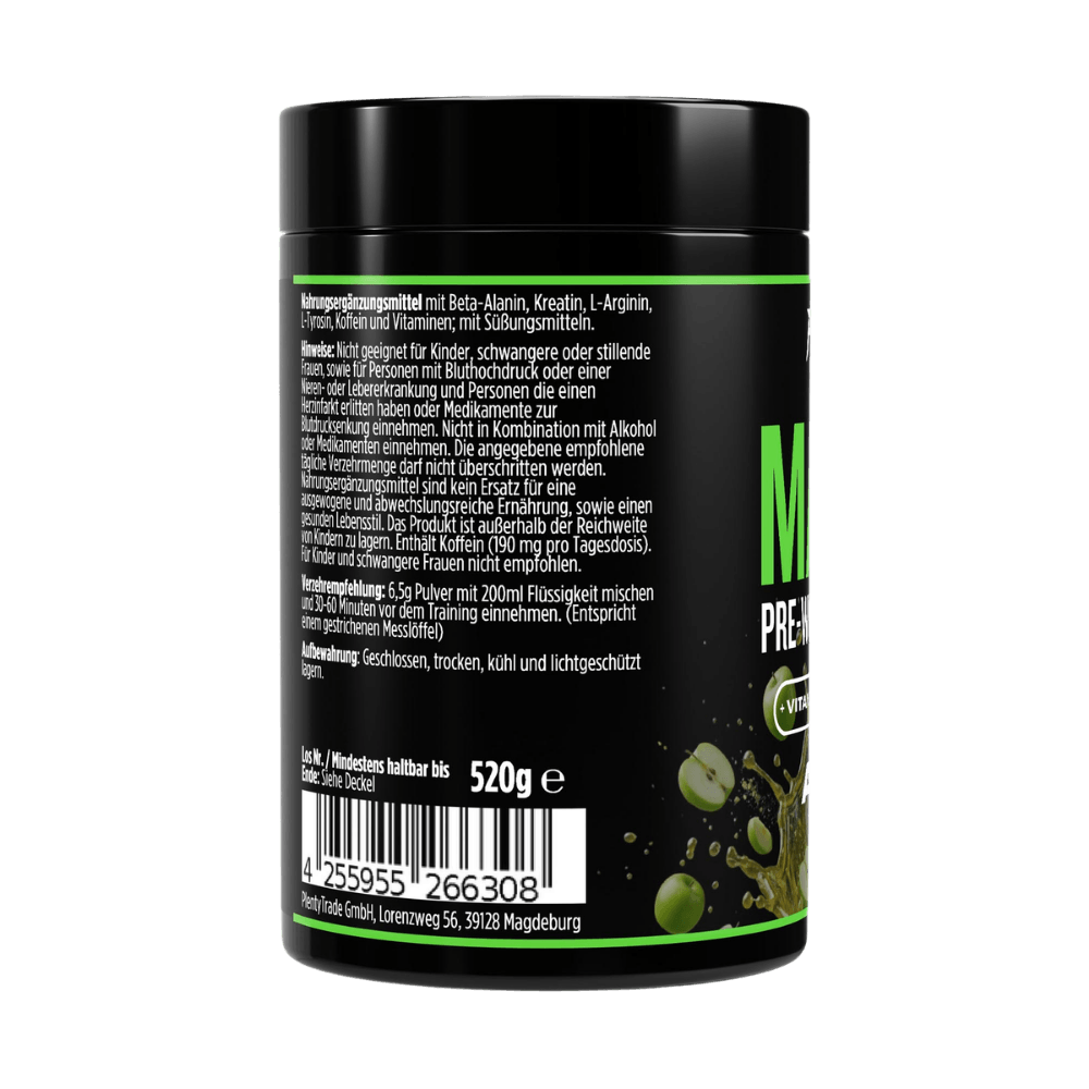 Matrix Pre-Workout Booster Dose, Rückseite mit Zutaten- und Anwendungstext