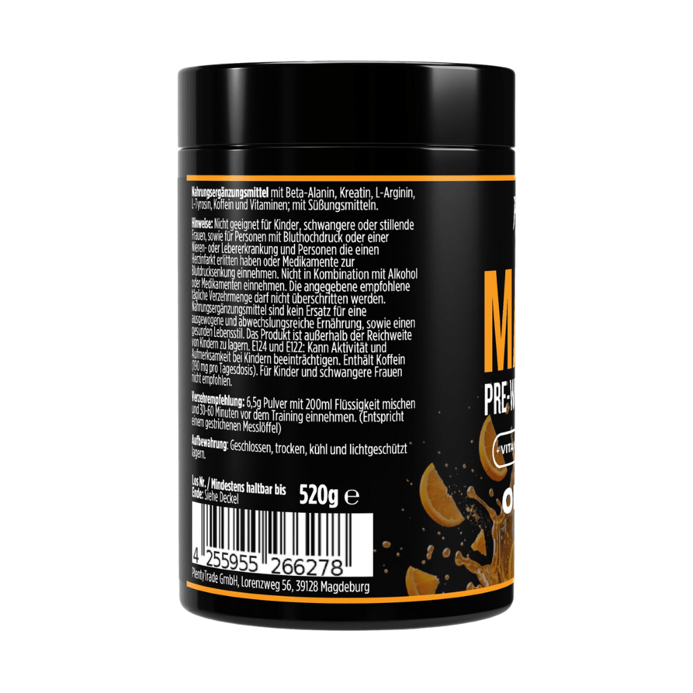 Matrix Pre-Workout Booster Dose, Rückseite mit Zutaten- und Anwendungstext