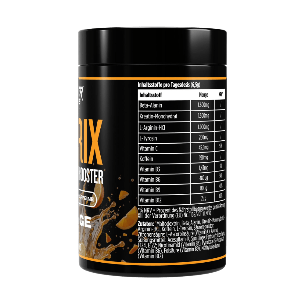 Matrix Pre-Workout Booster Dose, Rückseite mit Nährstofftabelle