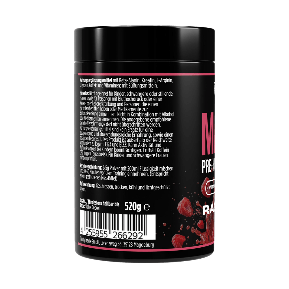 Matrix Pre-Workout Booster Dose, Rückseite mit Zutaten- und Anwendungstext