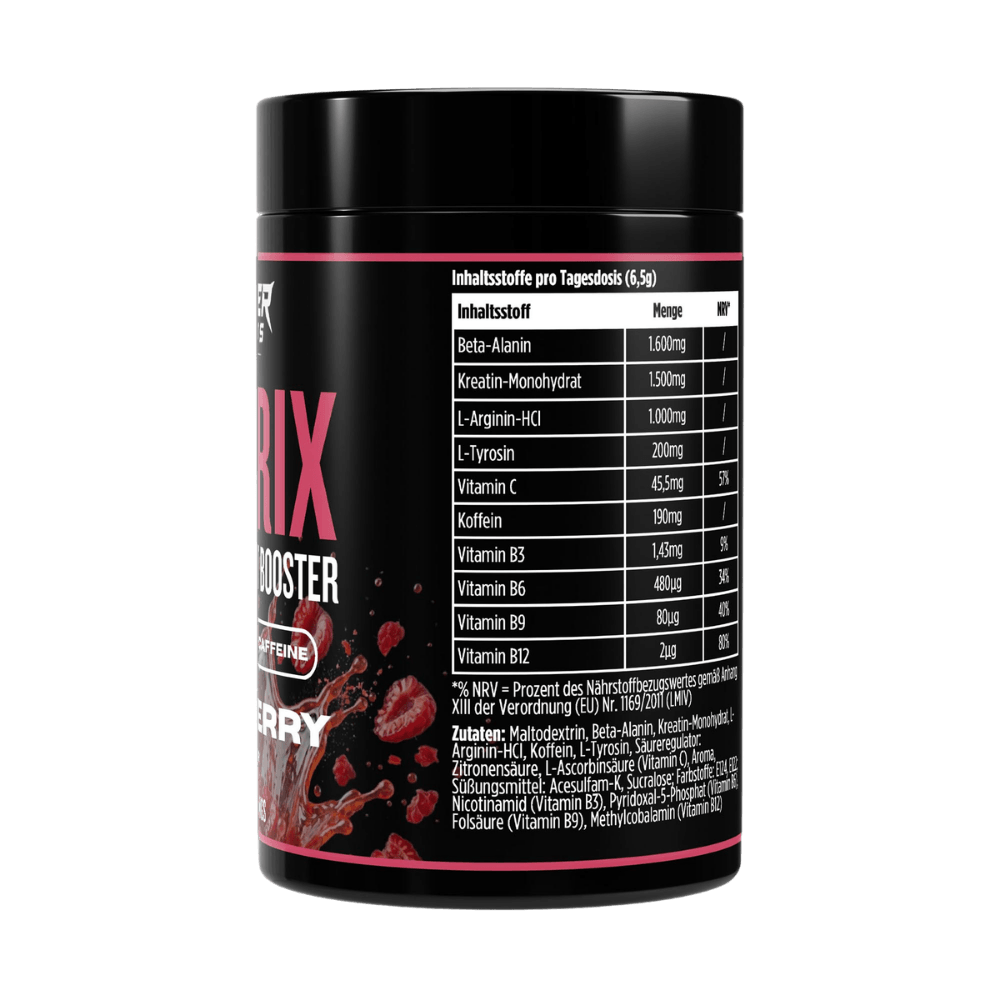 Matrix Pre-Workout Booster Dose, Rückseite mit Nährstofftabelle