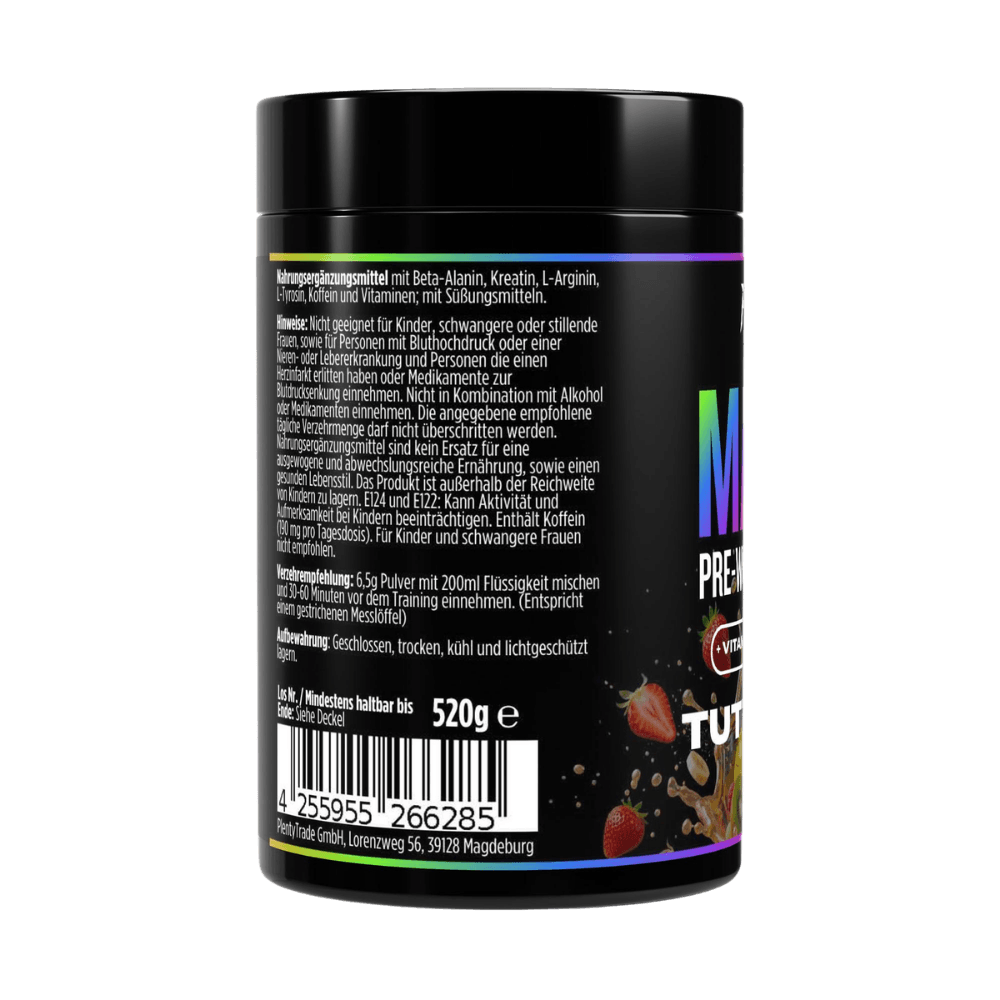 Matrix Pre-Workout Booster Dose, Rückseite mit Zutaten- und Anwendungstext