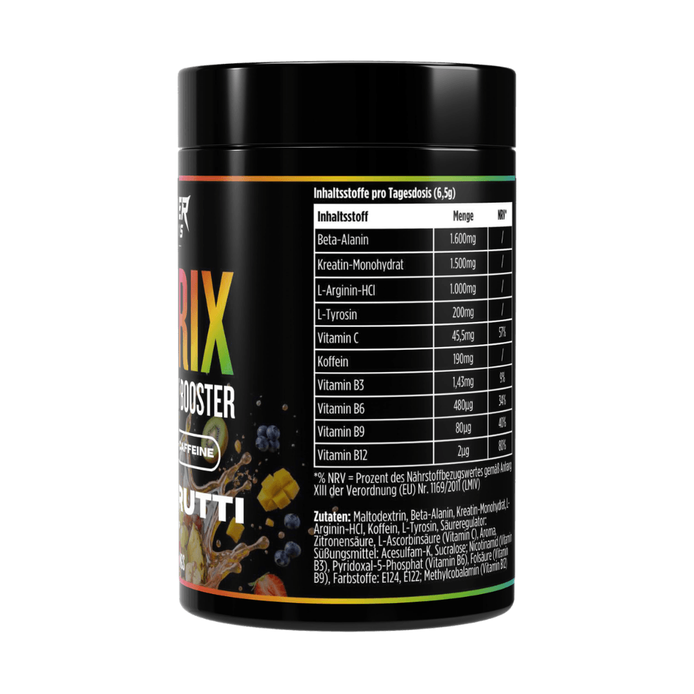 Matrix Pre-Workout Booster Dose, Rückseite mit Nährstofftabelle