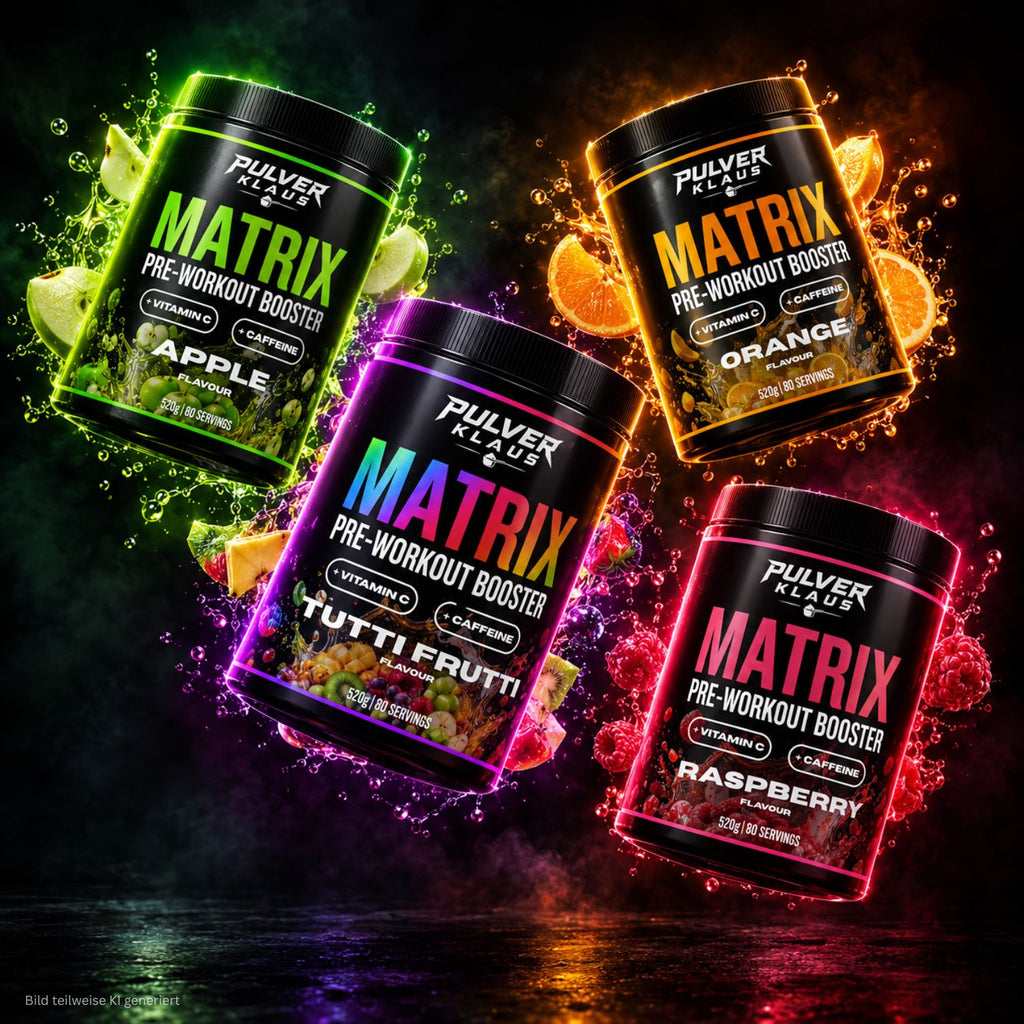Matrix Pre-Workout Booster Dosen in vier Geschmacksrichtungen, 520 g