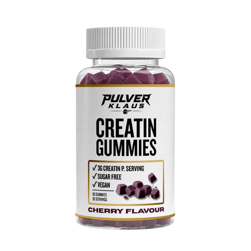 Creatin-Gummis mit Kirschgeschmack, Braunglasdose mit vorderem „Creatin Gummies“-Etikett