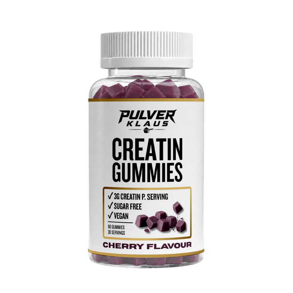 Creatin-Gummis mit Kirschgeschmack, Braunglasdose mit vorderem „Creatin Gummies“-Etikett