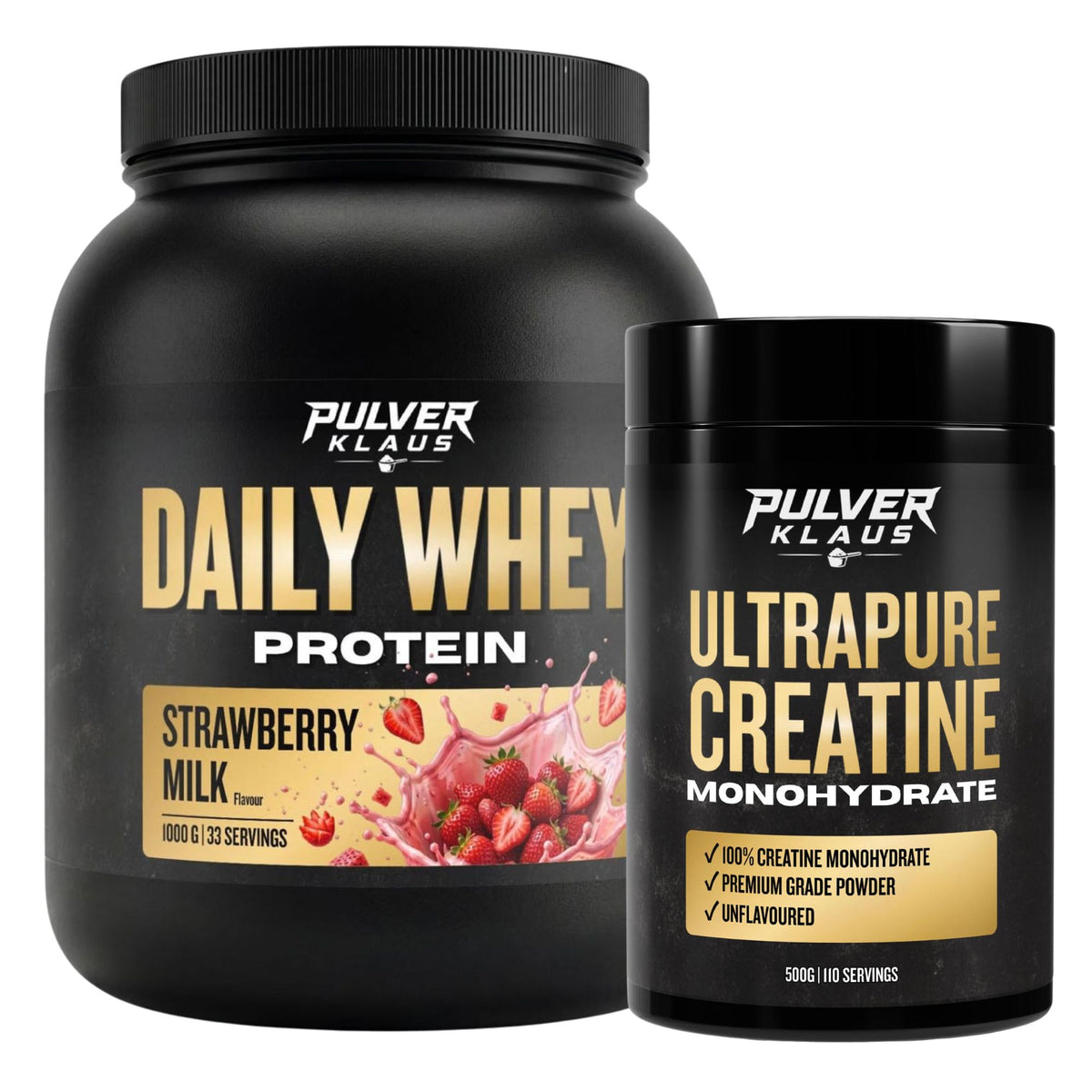 PULVER KLAUS Daily Whey Protein- und Kreatin-Monohydrat-Bundle, Erdbeer-Milch