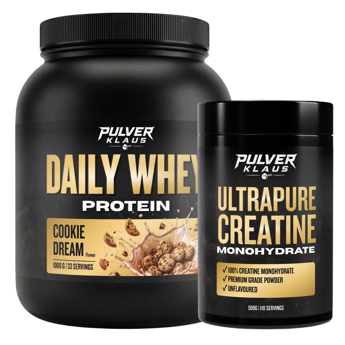 PULVER KLAUS Daily Whey Protein- und Kreatin-Monohydrat-Bundle, Cookie Dream