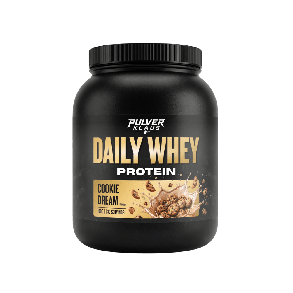 Proteinpulver-Dose 1 kg mit „Daily Whey Protein“-Aufdruck, Cookie Dream