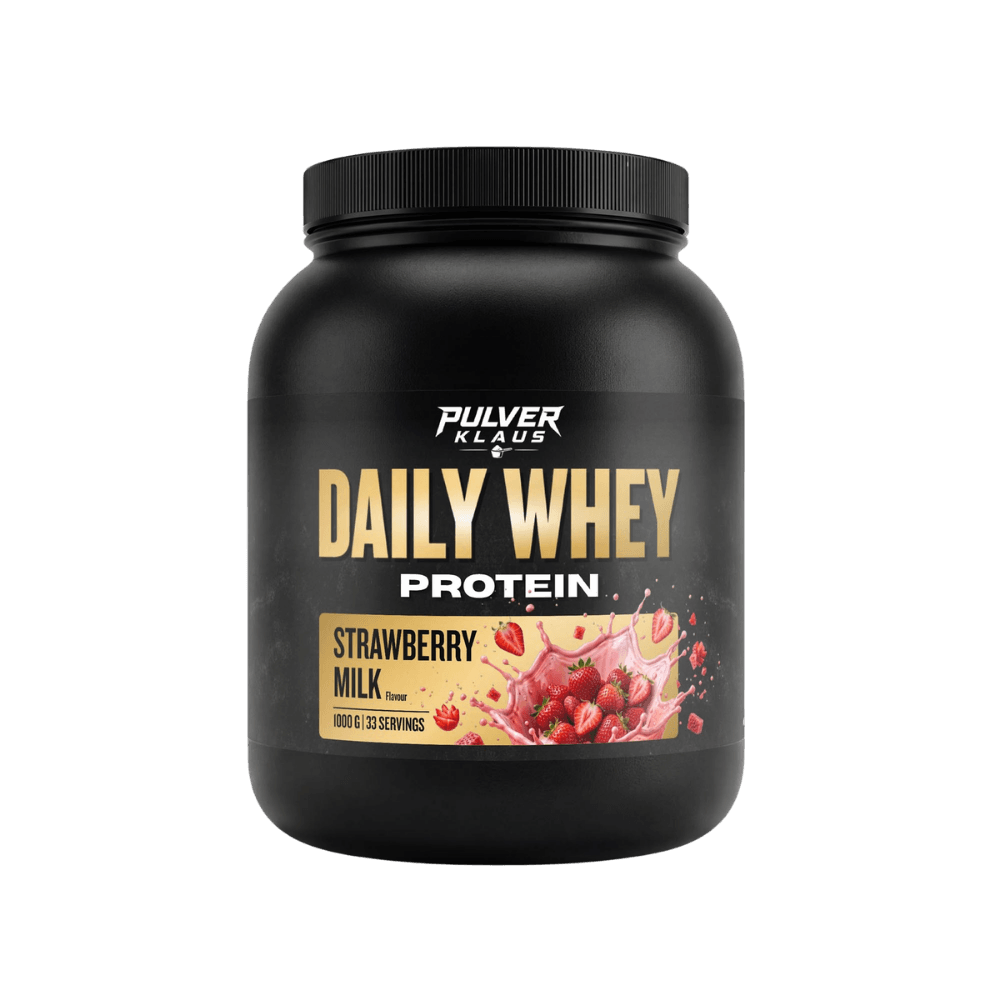 Proteinpulver-Dose 1 kg mit „Daily Whey Protein“-Aufdruck, Strawberry Milk